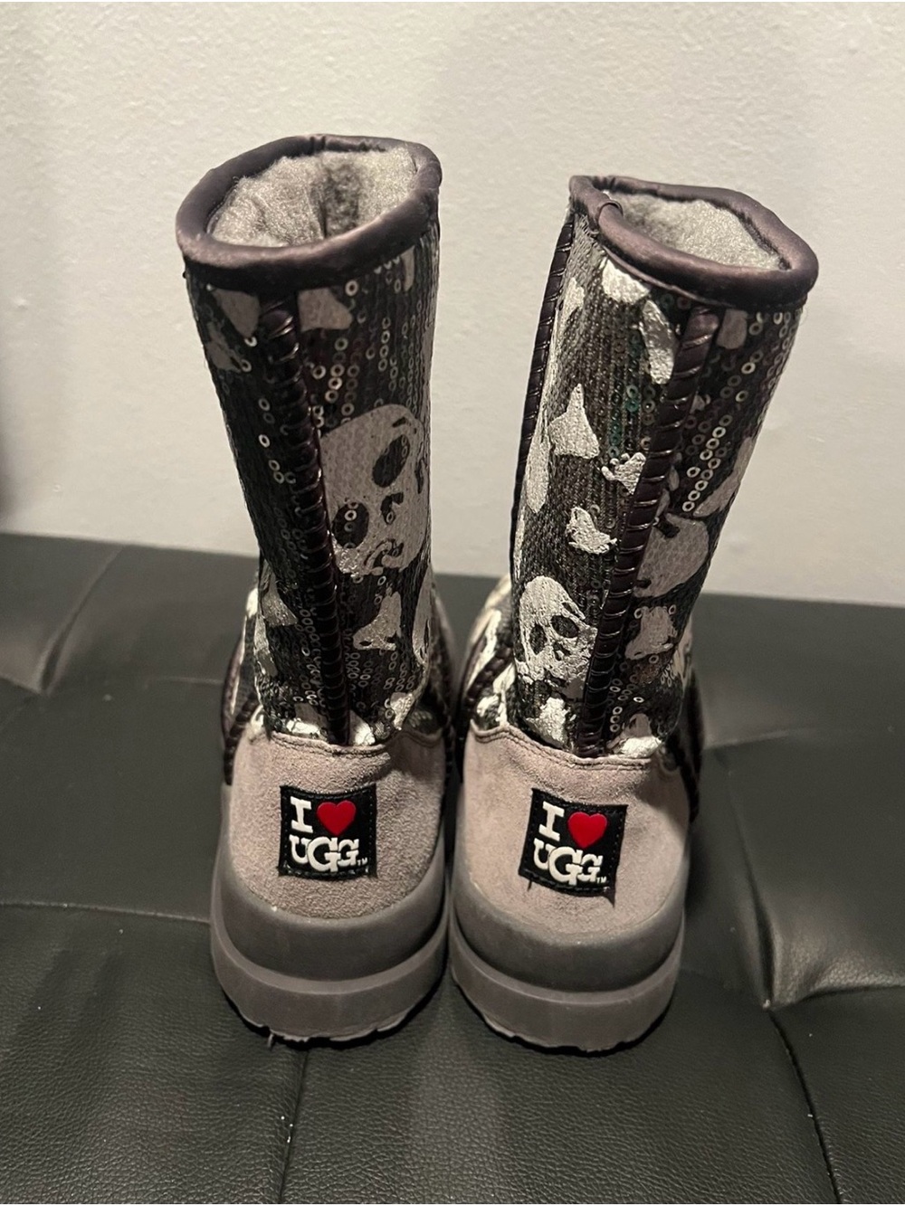 UGG Gray and Black Sequin Skull Mid-Calf Boots